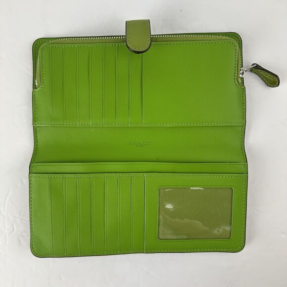 COACH Smooth Leather Skinny Snap Tab Slim Wallet Dark Lime Green CH823 Used - Picture 10 of 14